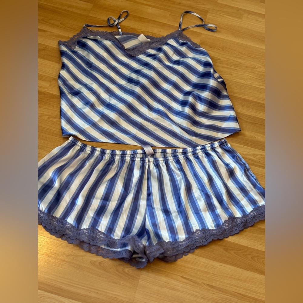 Secret Treasures Blue and White Striped Satin Cami & Short Pajama Set